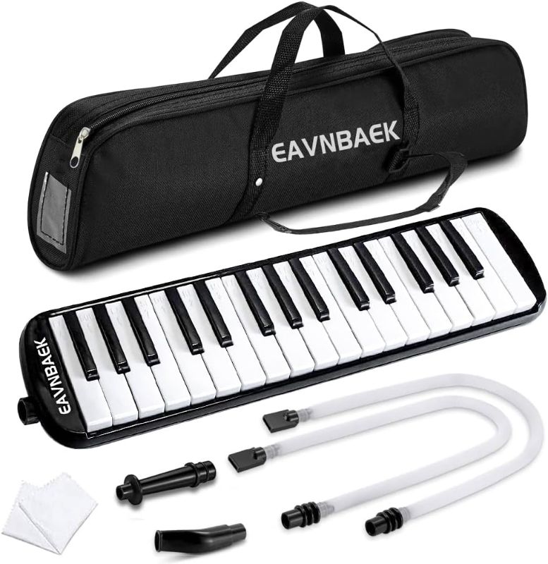 Photo 1 of 32 Keys Melodica Instrument, Soprano Melodica Air Piano Keyboard Pianica with 2 Soft Long Tubes, 2 Short Mouthpieces and Carrying Bag (Black)

