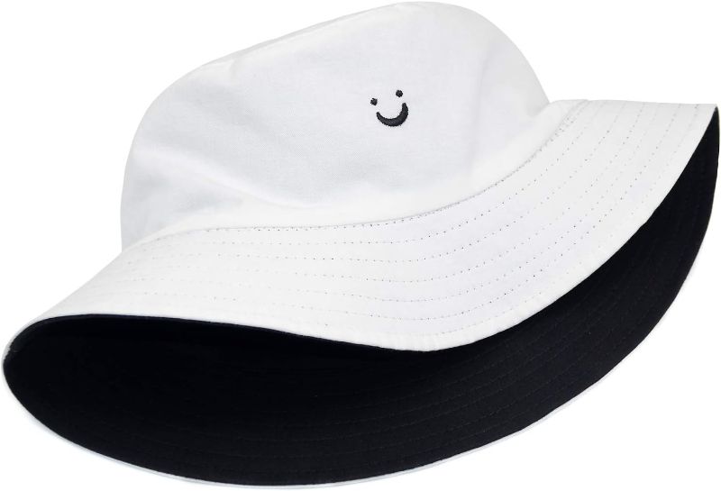 Photo 1 of Bucket Hat Unisex 100% Cotton Smile Face Embroidery Reversible Hat Travel Bucket Beach Sun Hat Outdoor Cap
