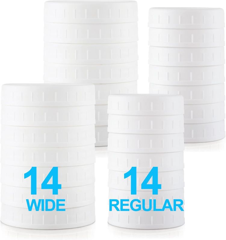 Photo 1 of 14 Wide &14 Regular Mouth Mason Jar Lids with Sealing Rings - 28 Pack White Plastic Storage Lids - Solid Caps for Ball, Kerr Canning Jars - 100% Sealing
