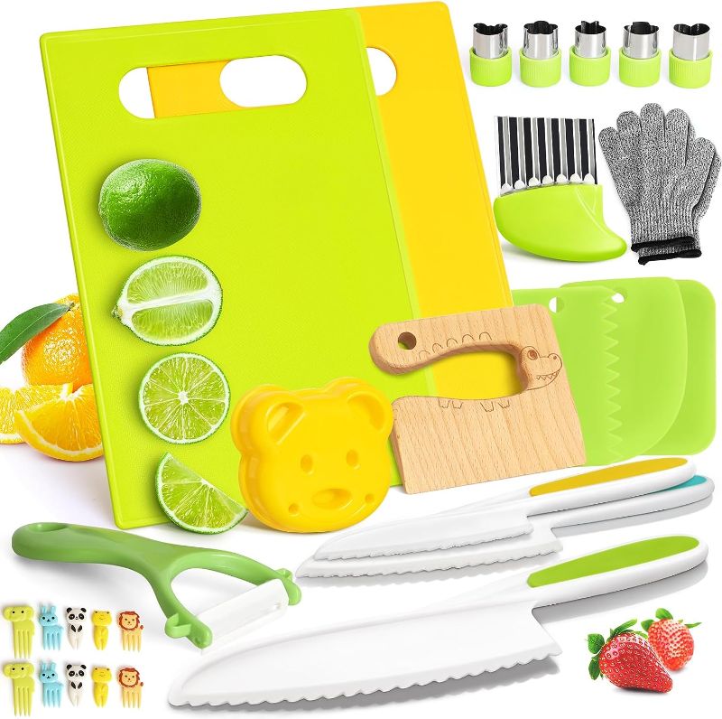 Photo 1 of 28PCS Toddler Knife Set - Kids Knifes for Real Cooking, Wooden Kids Kitchen Knife Set with Gloves Cutting Board Fruit Vegetable Crinkle Cutters Plastic Kid Safe Knives, Toddlers Kitchen Tools
