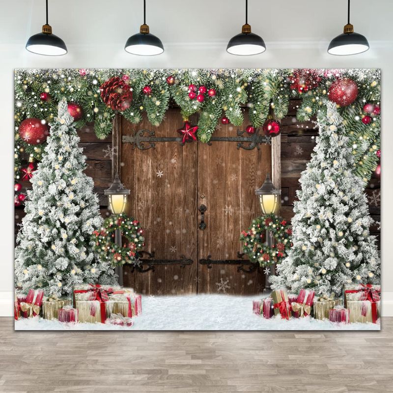 Photo 1 of 10x8ft Winter Christmas Backdrop Xmas Photography Backdrop Rustic Barn Wood Door Backdrop Xmas Tree Snow Gift Bell Kids Adult Family Supplies Banner Party Baby Shower Decoration Background