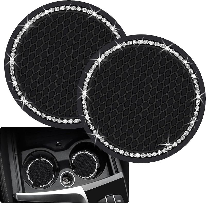 Photo 1 of 2pcs Bling Car Cup Holder Coaster,3.15''*1.18'' Anti-Slip Shockproof Universal Fashion Car Coasters Insert Bling Crystal Rhinestone Automotive Interior Accessories for Women (2 pcs, Black)