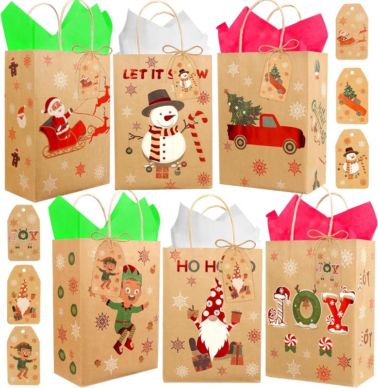 Photo 1 of 24 PCS Christmas Gift Bags, 6 Designs Holiday Gift Bags Bulk with Handles Tissue Paper and Gift Tags, Christmas Bags for Gifts Wrapping, Christmas Presents, Shopping and Party Favors
