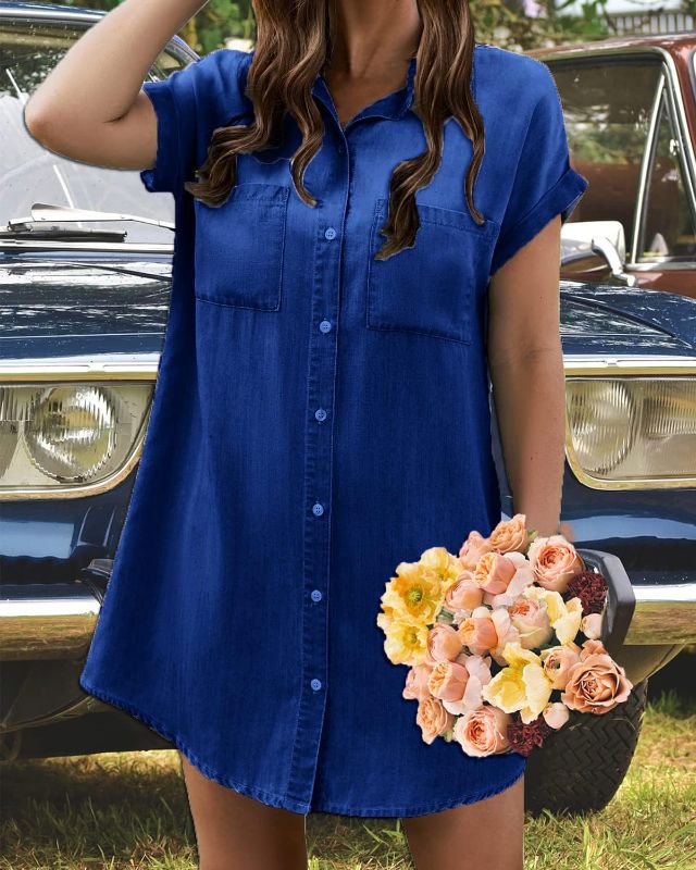 Photo 1 of Fronage Women's Denim Shirt Dress Summer Short Sleeve Distressed Jean Dresses Button Down Casual Tunic Tops Small