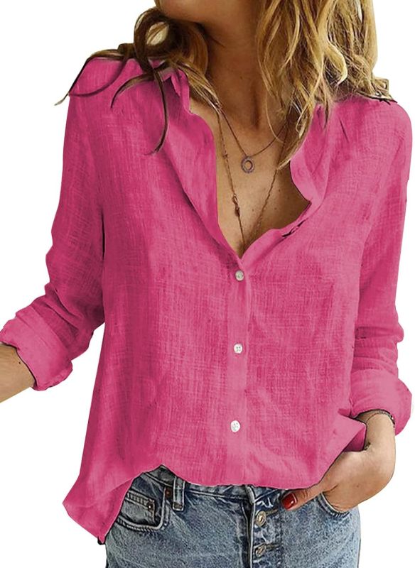 Photo 1 of Astylish Women's V Neck Button Down Cropped Shirt Long Sleeve Pocket Blouse Top XL Pink