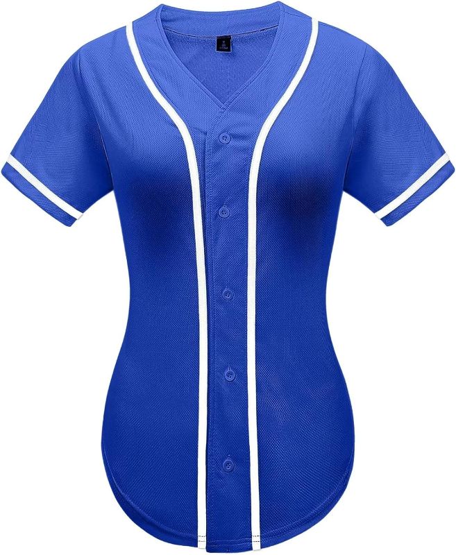 Photo 1 of Chobegos Womens Baseball Jersey,Blank Button Down Baseball Softball Jersey,Hip Hop Hipster Short Sleeve Active Shirts (as1, Alpha, XXL, Regular, Blue)