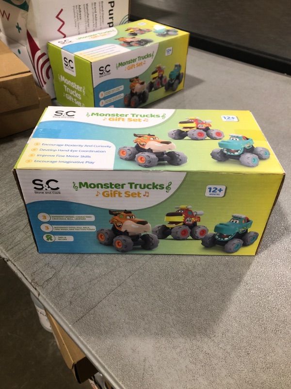 Photo 1 of Monster Trucks Gift Set – 3 Trucks with Pull Back, Friction Power and Free Wheel Function – Baby and Toddler Toy Cars with Fun Animal Theme – for 12+ Months / 1 Year