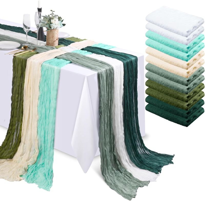 Photo 1 of 12 Pcs Cheesecloth Table Runner Boho Gauze Cheese Cloth 10 Ft Wedding Table Decor Semi Sheer Gauze Fabric Long Centerpieces for Tables Arch Draping Bridal Shower Holiday Party (Green Tone)
