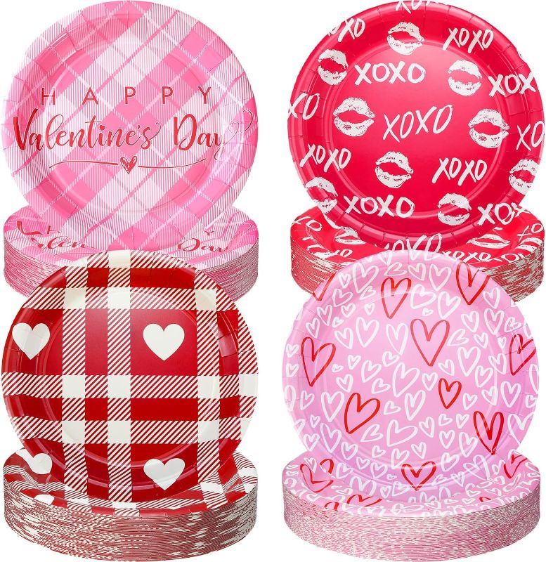 Photo 1 of 200 Pcs Happy Valentine's Day Dessert Plates 9 Inch Heart Valentines Paper Plates Disposable Party Plates Dinnerware Plates Decorative Dinner Plates for Birthday Wedding Party Dessert
