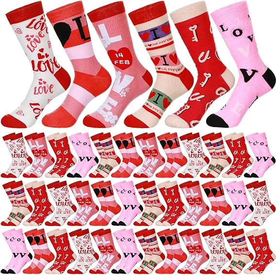 Photo 1 of 36 Pairs Valentine's Day Socks for Women Cotton Socks Bulk Valentines Crew Socks Pink Socks Valentines Socks Gift
