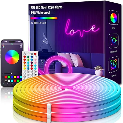 Photo 1 of L8star Neon Lights, 65.6ft/20m LED Neon Rope Lights with Remote APP Control IP65 Waterproof Flexible Neon LED Strip Lights 24V RGB LED Neon Lights for Bedroom Indoors Outdoors Decor