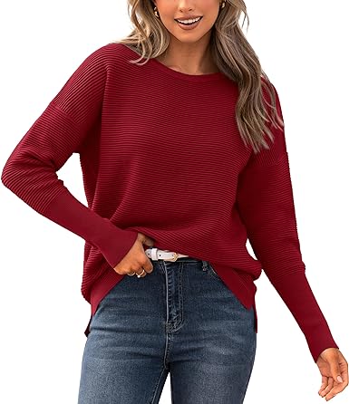 Photo 1 of BTFBM Casual Women 2023 Fall Sweater Long Sleeve Ribbed Knit Pullover Loose Crewneck Batwing Split Sweater / XL 