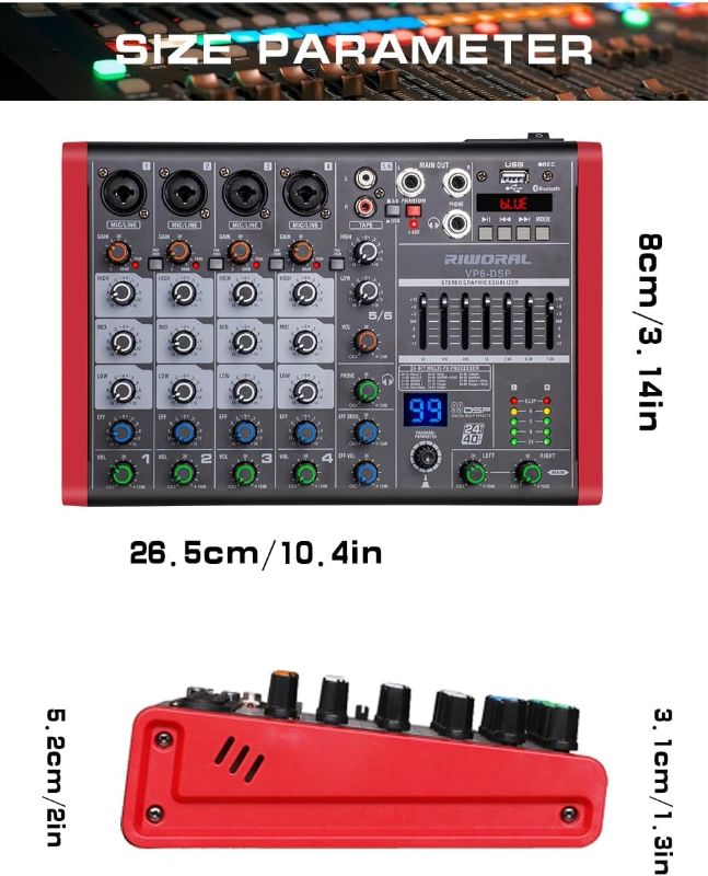 Photo 1 of 6 Channel Audio Interface DJ Mixer With 99 DSP Effects XLR 1/4 inch Jack For MIC/Musical Instrument USB PC Phone Bluetooth Music Audio Mixer for karaoke Stage Streaming Studio 