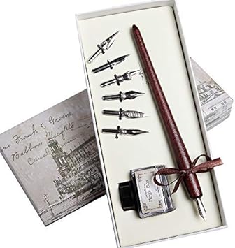 Photo 1 of Hethrone Quill Pen and Ink Set - Calligraphy Pens for Writing Feather Pen with Black Ink 10 Replaceable Nibs Gift Set?Red?