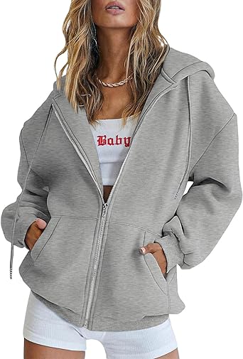 Photo 1 of ATHMILE Womens Zip Up Y2K Hoodies Long Sleeve Fall Oversized Casual Sweatshirts Jacket with Pocket Dark Grey Large