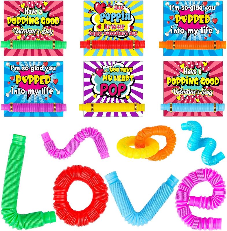 Photo 1 of Breezy Valley Valentine's Day Pop Tubes with Cards for Kid School 28 Packs - Kids Valentine's Day Gifts Exchange Set Classroom Prizes Party Favors, Sensory Stretchy Tube Fidget Toys for Children 
