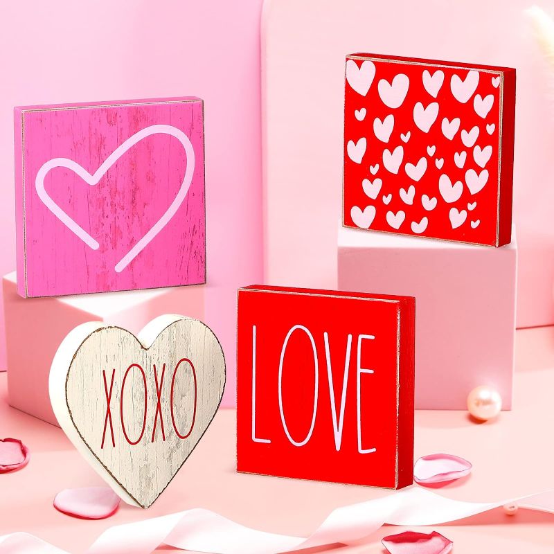 Photo 1 of 4 Pieces Valentine's Day Decorations Heart Shape Tiered Tray Decor Valentines Wooden Heart Signs Rustic Small Valentines Decor for Home Table House Room(Love Style) 