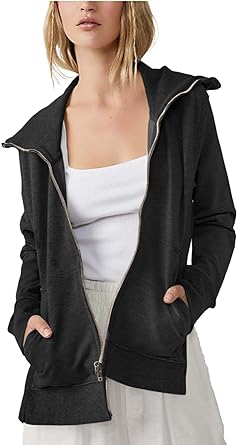 Photo 1 of Fisoew Women's Zip Up Oversized Sweatshirt Long Sleeve Lapel Fall Casual Side Split Jacket with Pockets Large