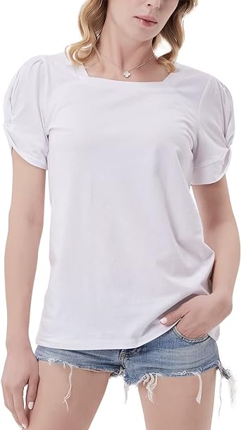 Photo 1 of Cirloop Womens Summer Tops Casual Square Neck Puff Sleeve Soft Twist Shirts MEDIUM 