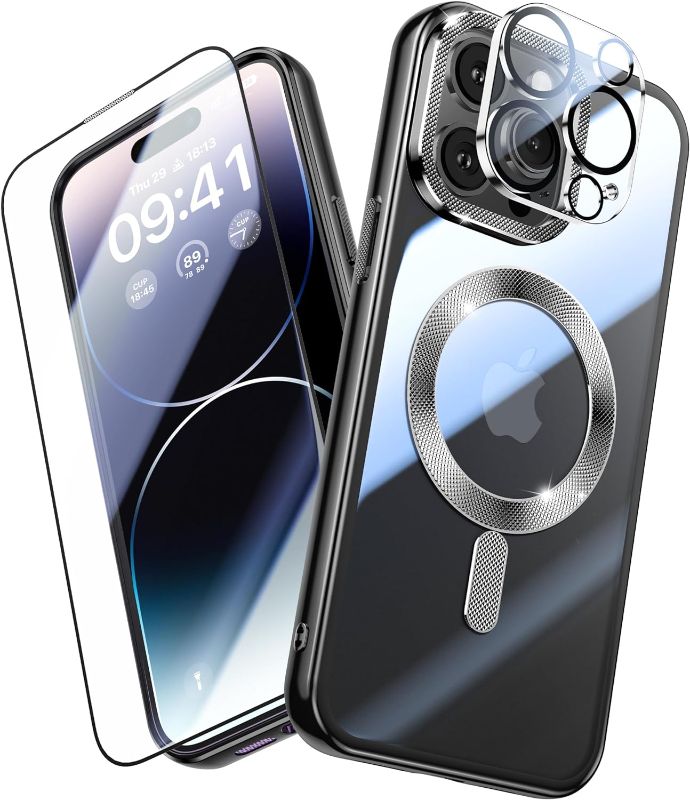 Photo 2 of JUESHITUO Magnetic for iPhone 14 Pro Max Case + Screen Protector + Camera Lens Protector [Not-Yellowing] [Strongest N56 Magnets][Military Grade Drop Protection] Clear for iPhone 14 Pro Max Case,Black