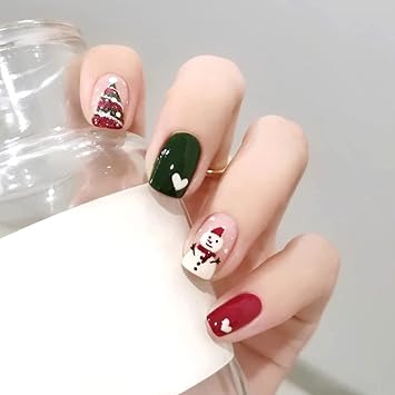Photo 1 of 24Pcs Christmas Press on Nails Short Square Red Green Fake Nails with Snowman Christmas Tree Heart Designs Full Cover False Nails Acrylic Artificial Nails Winter Xmas Nail Decorations for Women Girls
