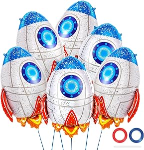 Photo 1 of 4 Pcs Rocket Balloons for Kids,Blue Rocket Foil Balloons,Outer Space Balloons,Flying Mylar Foil Balloons Space Decorations for Kids Baby Shower Universe Space Themed Birthday Party Decor