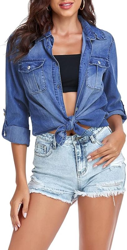 Photo 1 of ETTELO Women' Dark Blue Button Up Cotton Shirt Long Sleeve Lightweight Denim Shirt