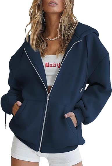 Photo 1 of ATHMILE Womens Zip Up Y2K Hoodies Long Sleeve Fall Oversized Casual Sweatshirts Jacket with Pocket 2023 Trendy Clothes Navy Blue