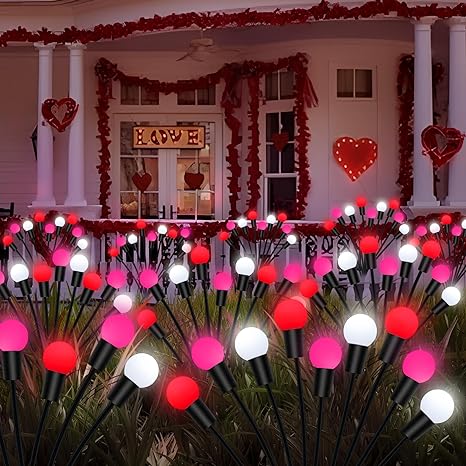 Photo 1 of 2 Pack Valentines Day Decor Outdoor Solar Lights with 18 Red Pink White Firefly Lights, Romantic Valentines Decorations Waterproof Solar Garden Lights Outside Swaying Lights for Patio Lawn Yard