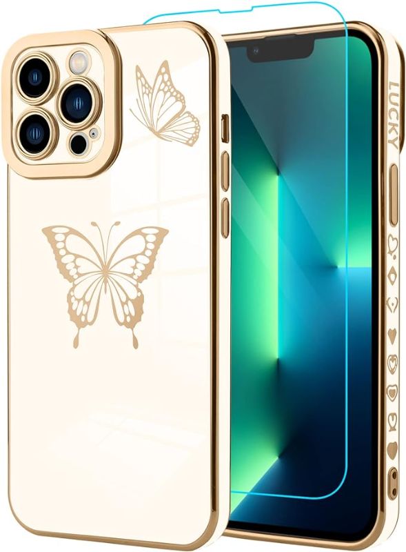 Photo 1 of Jefonha for iPhone 13 Pro Max 6.7 Inch Luxury Plating Cute Butterflies Cover with Screen Protector Fun Cute Side Small Soft TPU Shockproof Full Camera Lens Protection Electroplated Case - White