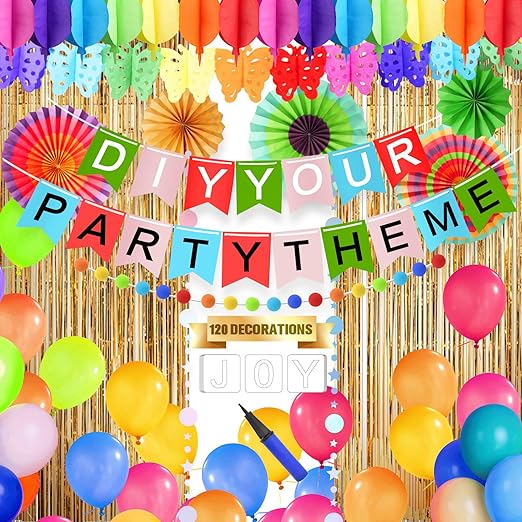 Photo 1 of 120pcs DIY Party Decorations, Multi-colored Fiesta Party Decor Set with Custom Banners & Letter Stencils, Rainbow Colorful Garland Streamers, Paper Fans, Balloons, Supplies for Birthday Wedding Party