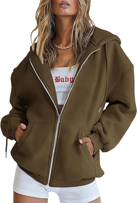 Photo 1 of ATHMILE Womens Zip Up Y2K Hoodies Long Sleeve Fall Oversized Casual Sweatshirts Jacket with Pocket Coffee - MEDIUM 