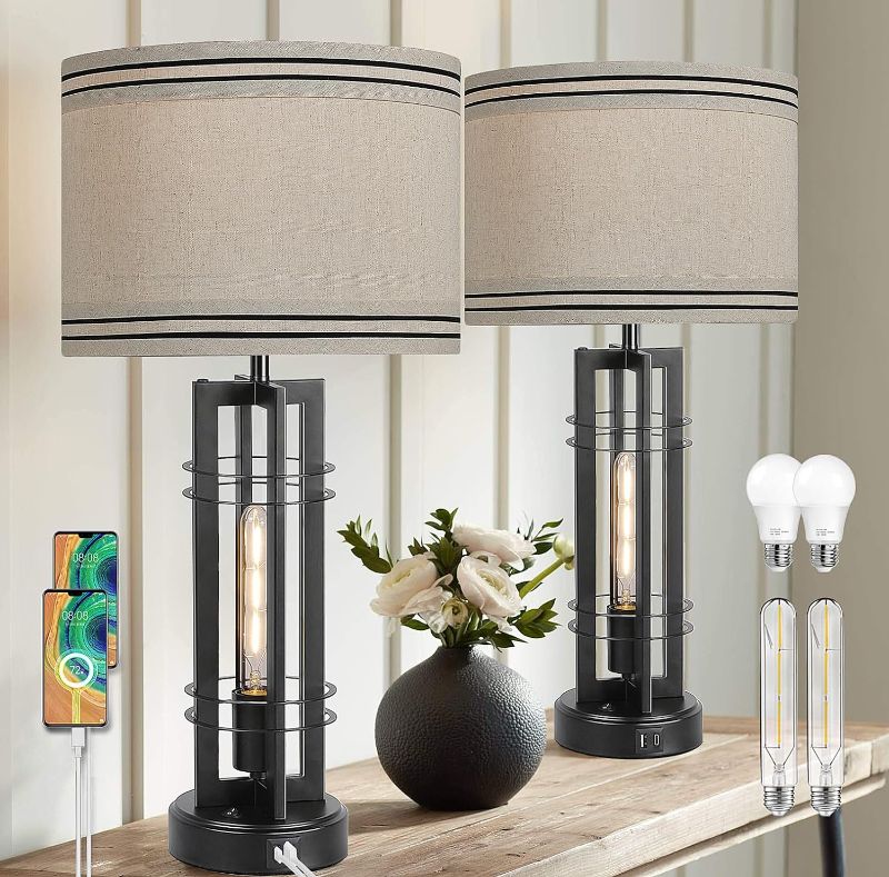 Photo 1 of 27in 2-Light Table Lamps for Living Room Touch Control Farmhouse Table Lamps Set of 2 Tall Table Lamps 3-Way Dimmable Bedroom Lamps w/ USB A+C Ports for Bedside Nightstand End Table, Black&Cream
