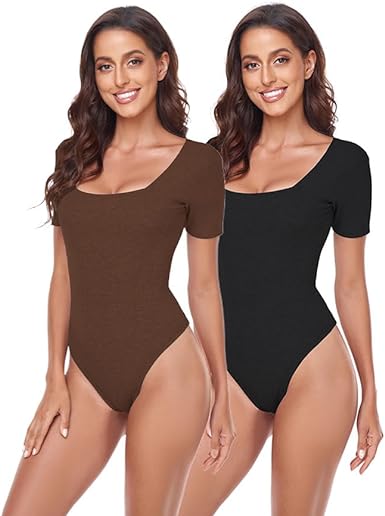 Photo 1 of ADANIKI 2 Piece Women Square Neck Short Sleeve Bodysuit, Women’s Sexy Tops T Shirt Body Suit Jumpsuits Clothing Large