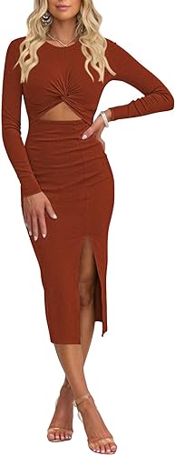 Photo 1 of Duigluw Women Cutout Long Sleeve Crewneck Twist Front Crisscross Ruched Split Bodycon Midi Dress, S
