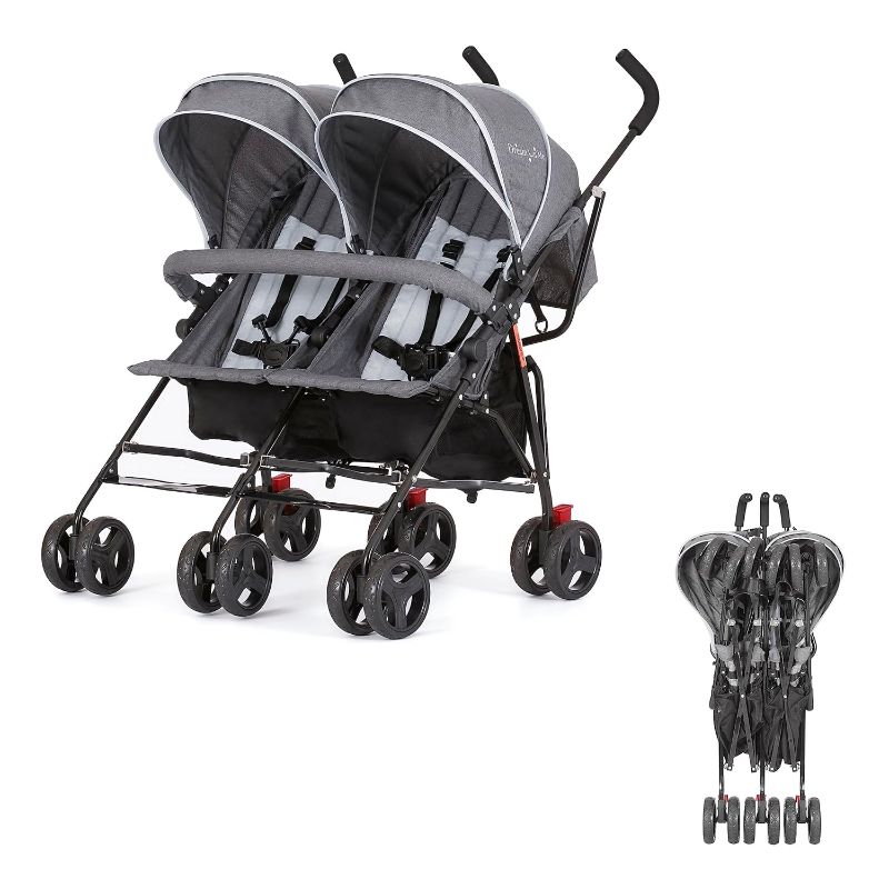 Photo 1 of Dream On Me Volgo Twin Umbrella Stroller in Gray, Lightweight Double Stroller for Infant & Toddler, Compact Easy Fold, Large Storage Basket, Large and Adjustable Canopy
