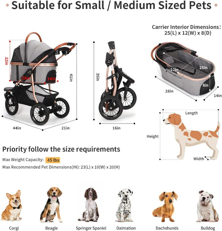 Photo 5 of (READ FULL POST) SKISOPGO Foldable Pet Jogger Strollers for Small Medium Dogs Cats, 3 in 1 Dog Jogging Stroller, No-Zip Dog Wagon Stroller with Detachable Carrier, Durable Rubber Wheels for Travel (Grey)