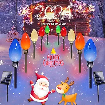 Photo 1 of 10 Pack Jumbo Solar C9 Christmas Lights Outdoor, 2023 Upgraded Christmas Outdoor Decorations For Yard Pathway, Waterproof Super Bright LED String Lights Covered Jumbo Multicolored Bulb With Stakes