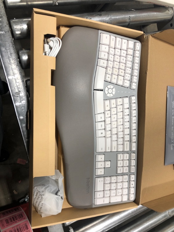 Photo 2 of MEETION Ergonomic Wireless Keyboard and Mouse, Ergo Keyboard with Vertical Mouse, Split Keyboard with Cushioned Wrist Palm Rest Natural Typing Rechargeable Full Size, Windows/Mac/Computer/Laptop, Gray Large White Gray