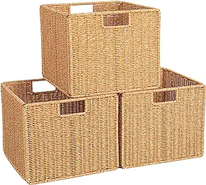 Photo 1 of 12X12X10in Wicker Storage Basket, Collapsible Wicker Cube Storage, Woven Basket for Shelves, Plastic Storage Basket for Pantry, Bedroom, Living Room, Bathroom, Shelves(Natural)
