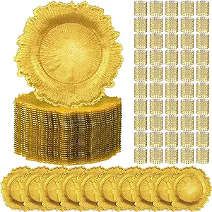 Photo 1 of 100 Pcs Gold Charger Plates Set Include 50 Pcs 13 Inch Plastic Charger Plate and 50 Pcs Napkin Rings Bulk Gold Chargers for Dinner Plates Elegant Floral Wedding Party Supplies for Table Setting