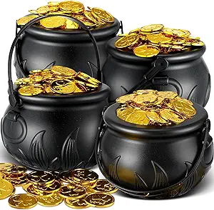 Photo 1 of 4 Pcs 6" Black Cauldron Kettle with 200 Lucky Shamrock Plastic Coins, St Patricks Day Pot with Gold Coins Novelty Cauldron Party Favors St Patricks Day Decorations for Irish Decor Supplies