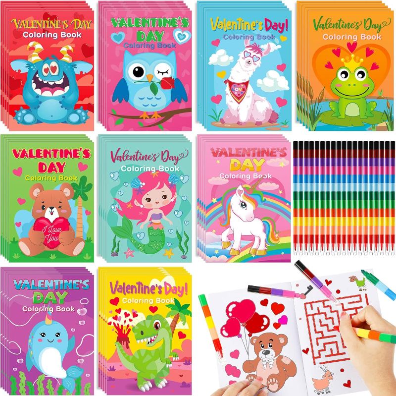 Photo 1 of 54 Pcs Valentine's Day Coloring Books for Kids with Stacking Crayons 27 Valentine Mini Coloring Book DIY Drawing Book 27 Color Changing Pencils for Valentine Gift School Classroom Activity Supplies 