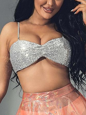 Photo 1 of CLOACE Sequins Ruched Tank Top Rhinestone Spaghetti Strap Crop Top Tie up V-Neck Glitter Bras Shiny Club Cami Outfit Large 