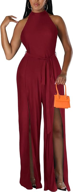 Photo 1 of acelyn Jumpsuit for Women Casual Halter Sleeveless Summer Sexy Split wide Leg Pants High Waist Rompers with Belt XL