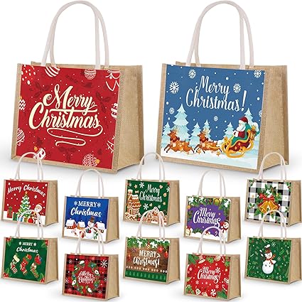 Photo 1 of 12 Pcs Christmas Tote Bag Reusable Christmas Burlap Tote Bag with Handles Grocery Shopping Totes Bag Multifunctional Christmas Gift Treat Bags for Xmas Christmas Party Favor Christmas Gifts
