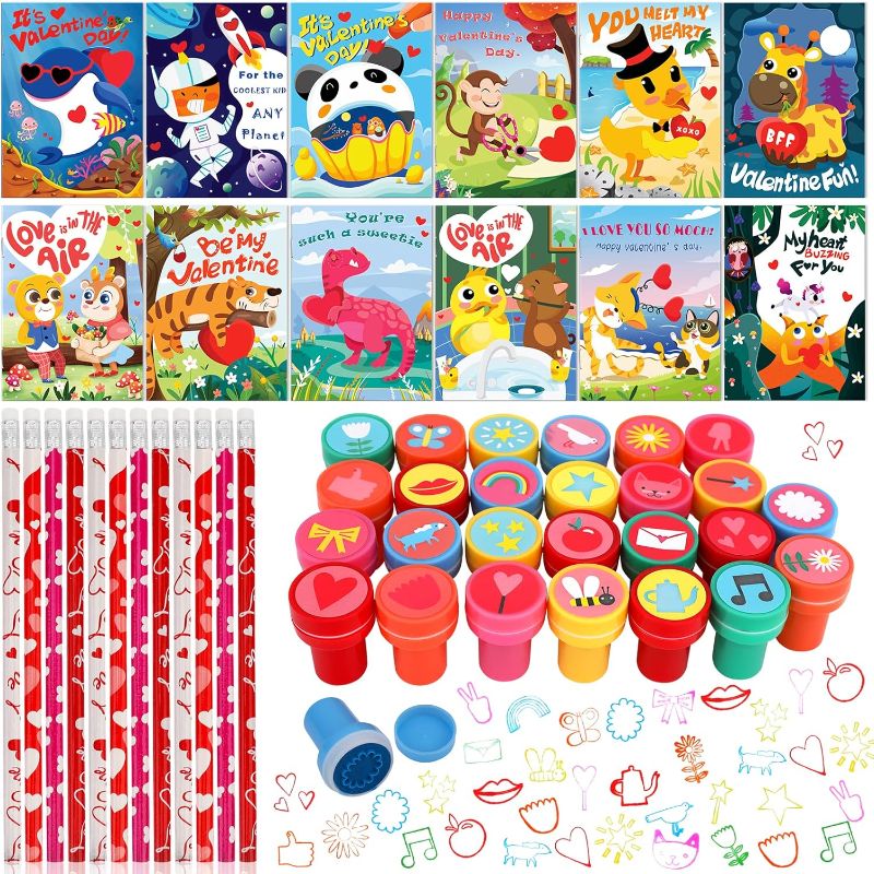 Photo 1 of 50 PCS Valentine's Day Gifts for Kids, Valentines Day Stationery Kit for Classroom Prize with Pencils Notebooks Stamp Gifts Exchange School Supplies Valentines Party Favor for Girls Boys 