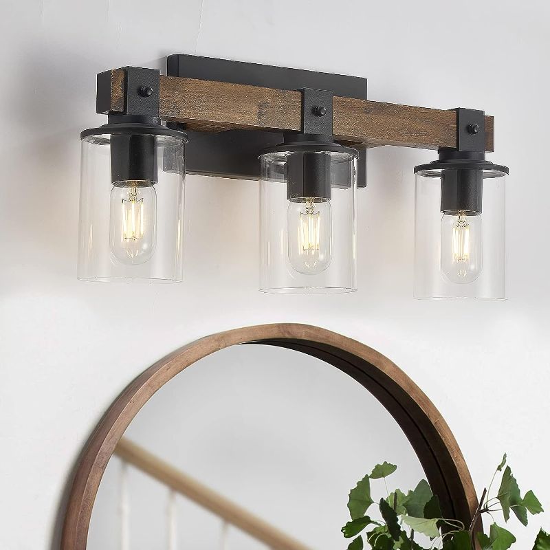 Photo 1 of 3-Light Bathroom Vanity Lights,Farmhouse Bathroom Light Fixture Over Mirror with Clear Glass, Wood Vanity Light for Bedroom,Living Room Antique wood 3-light