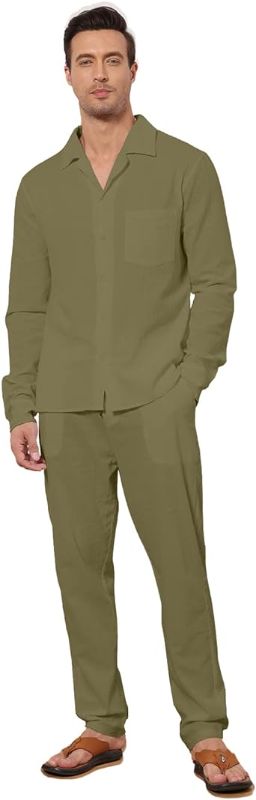 Photo 1 of EndoraDore Men's Outfits Linen Button Down Long Sleeve Shirt And Casual Beach Drawstring Waist Pants 2 Piece Set XL