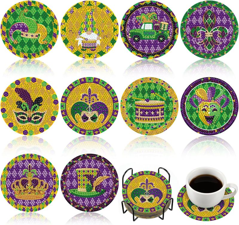 Photo 1 of 10 Pcs Mardi Gras Diamond Art Coasters DIY Round Carnival Diamond Painting Coasters with Holder 5D Carnival Diamond Coasters Kit Painting Art Kits for Beginners Adults and Kid
